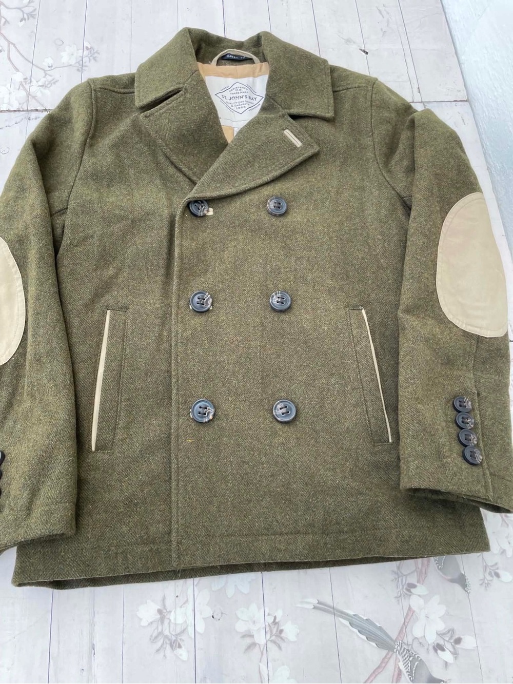 St. John's Bay Olive Peacoat with Tan Elbow Patches